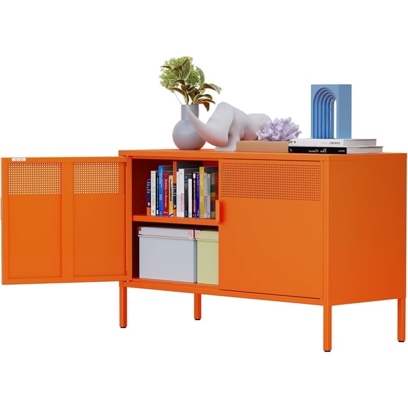 QIYIGUO Orange 2-Door Metal Locker Storage Cabinet, 2-Tier Accent Cabinet w/Adjustable Shelf for Home Office, 39.4" TV Stand