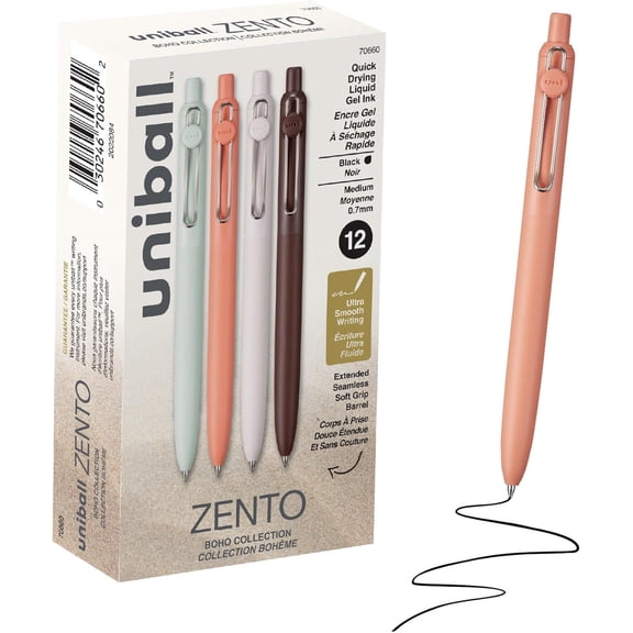 QIYIGUO Zento Gel Pens, 0.7mm Black Ink, 12-Count Retractable, Quick-Dry, No Smear/Bleed, Boho Barrels for Smooth Writing