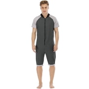 QIYUANT Mens Casual Short Jumpsuits One Piece Summer Zipper Bodysuits Short Sleeve Romper Overalls with Pocket Fitness Sportswear Nightwear Sleepsuits Dark Gray, Light Gray L