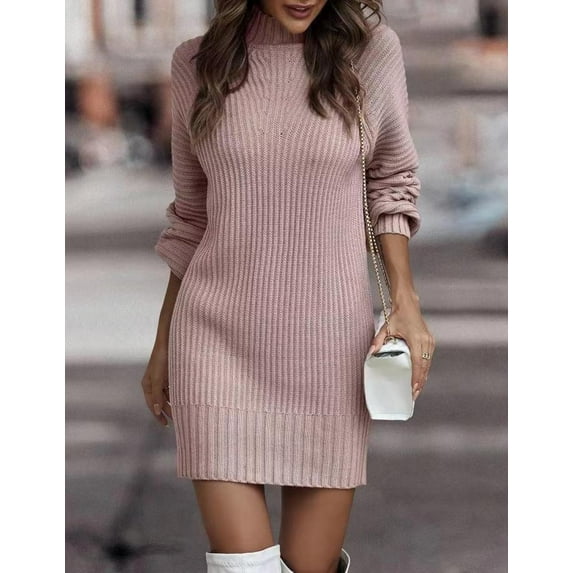 QIYULANC Women's Casual Sweater Dress, Long Sleeve Turtleneck Midi Dress