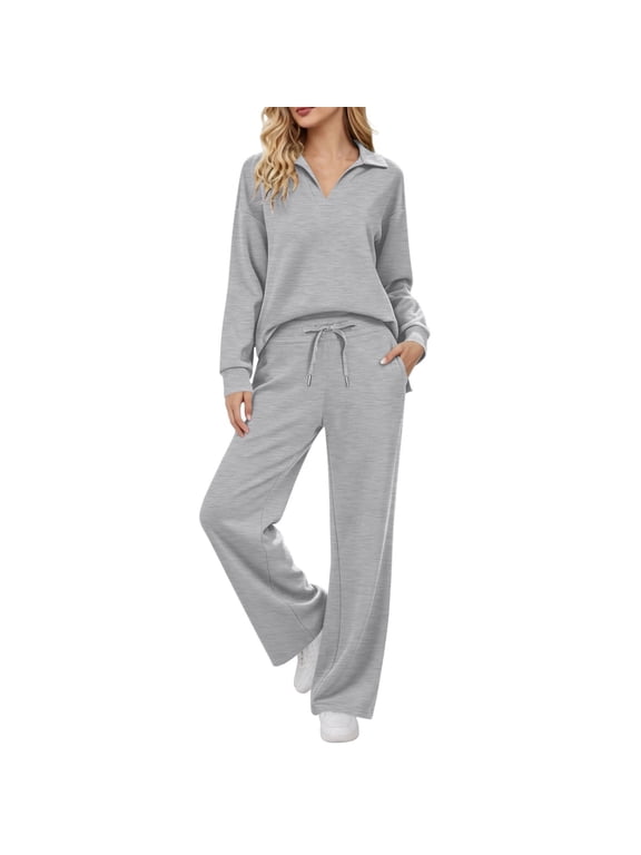 2 Piece Sets Outfits for Women Pajamas Long Sleve V-Neck Tops Loose Pants Travel Sweatsuits Loungewear Matching Set with Pockets(S,Gray)