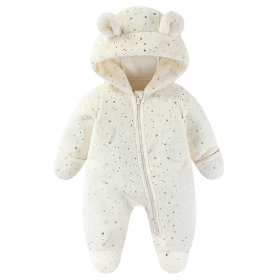 QIbmong Flannel Romper for Newborn Infants Bear Hoodies Star Printed Cute Bodysuit Casual Winter Warm Outfits with Fold-Over Mittens and Footies(9 Months,White)