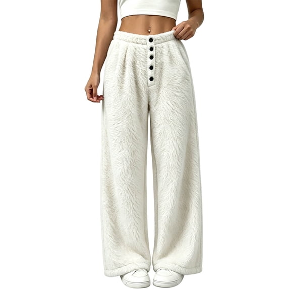QIbmong Fleece Pajamas Pants for Women Wide Leg Button Elastic Waist Sleepwear Casual Winter Thermal Night Trousers(XL,White)