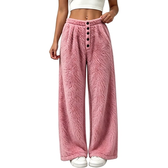 QIbmong Fleece Pajamas Pants for Women Wide Leg Button Elastic Waist Sleepwear Casual Winter Thermal Night Trousers(XXL,Pink)
