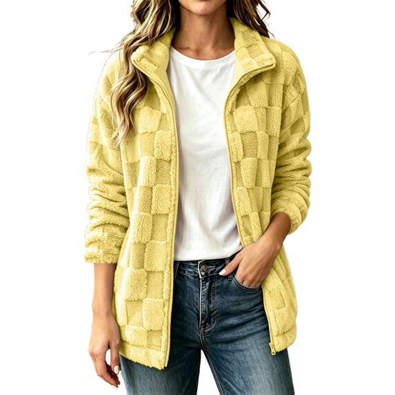 QIbmong Fleece Zip-up Jacket for Women Fuzzy Long Sleeve Collar Coat Lightweight Outwear Casual Winter Warm Soft Top(XXXL,Yellow)