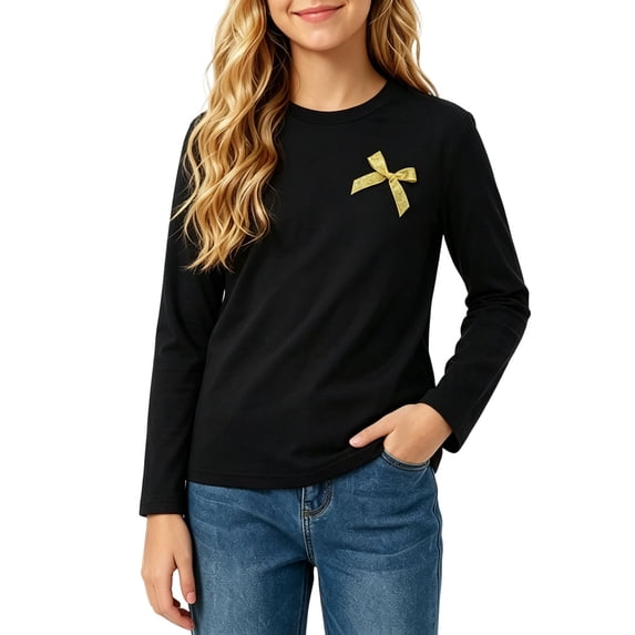 QIbmong Girls Long Sleeve Shirts Crew Neck Lightweight Bow Cute Playwear Casual Soft Tops for Toddler Kids(11-12Years,Black)