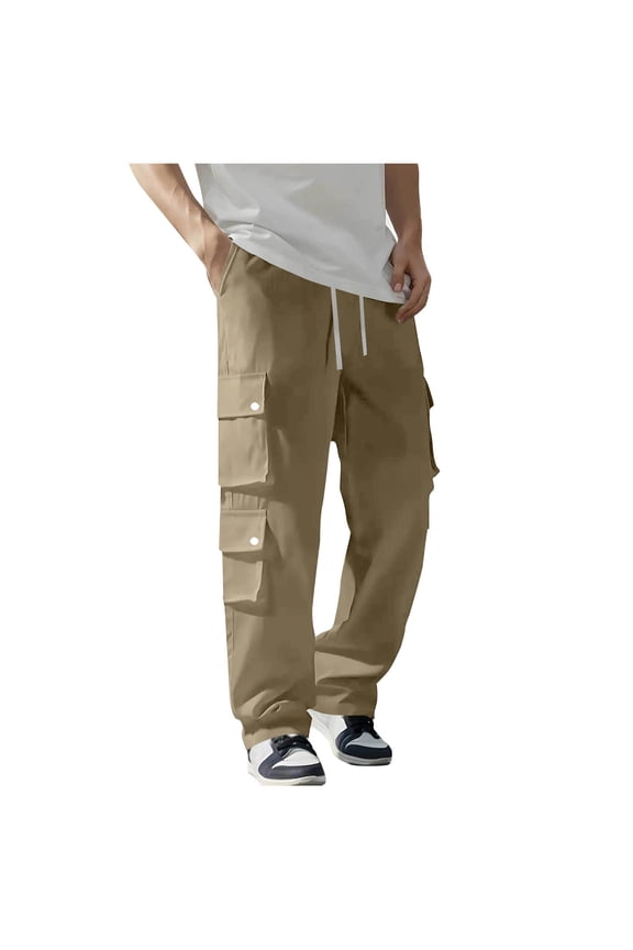 Hiking Cargo Pants for Men Lightweight Elastic Waist Open Bottoms Casual Athletic Trousers with Multi Pockets(S,Khaki)