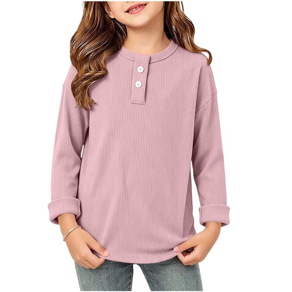 QIbmong Infants Toddler Girls Long Sleeve Shirts Crew Neck Ribbed Knit Tops Kids Casual Fall Winter Looses Pullover Undershirts for Back to School(7-8Years,Pink)
