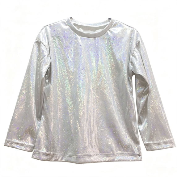 QIbmong Kids Shiny Metallic Long Sleeve Shirts Crew Neck Oversized Casual Party Dance Top for Boys Girls