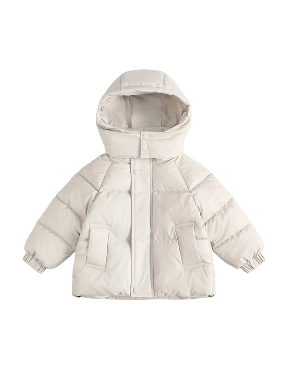 Little Girls Puffer Jacket Kids Button Zip up Long Sleeve Padded Top Casual Hooded Quilter Ski Winter Outerwear with Pockets(9-10Years,White)