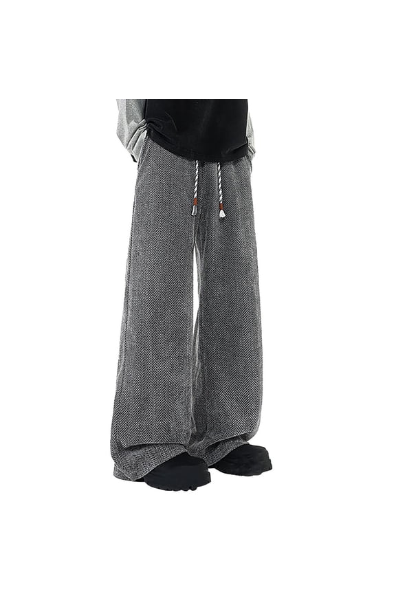 Mens Wide Leg Pants Baggy Fitted Elastic Waist Street Wear Drawstring Casual Slacks Trousers with Pockets(L,Gray)