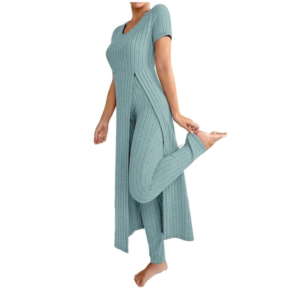 QIbmong Pajamas for Women Set 2 Piece Knit Ribbed Pjs Sets Short Sleeve Crew Neck Slit Tops and Elastic Pants Women's Sleepwear Outfits(L,Blue)