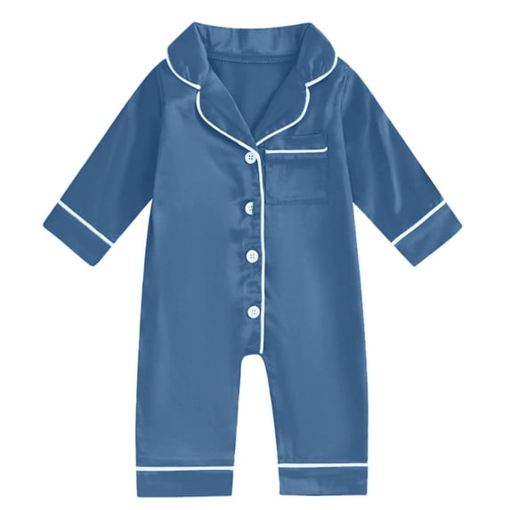 QIbmong Stain Romper for Infants Toddlers Collared Lapel Neck Button down Comfy Loungewear Casual Silky Long Sleeve Summer Outfits with Pockets(1-3 Month,Blue1)