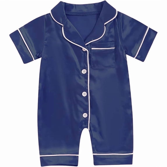 QIbmong Stain Romper for Infants Toddlers Collared Lapel Neck Button down Comfy Loungewear Casual Silky Long Sleeve Summer Outfits with Pockets(6-12 Months,Blue)