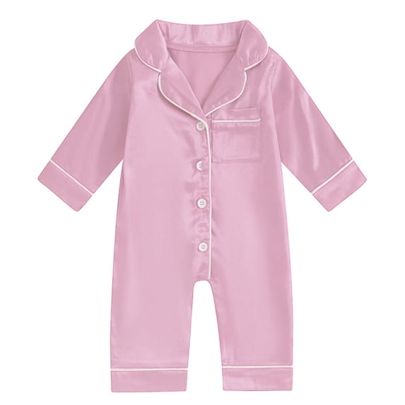 QIbmong Stain Romper for Infants Toddlers Collared Lapel Neck Button down Comfy Loungewear Casual Silky Long Sleeve Summer Outfits with Pockets(9-12 Months,Pink1)
