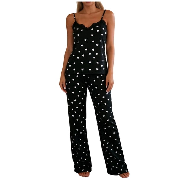 QIbmong Summer Pajama Sets for Women Polka Dot Sleeveless Nightwear Camisole Tops Loose Pants Casual Soft Pjs Outfits(Black,XL)