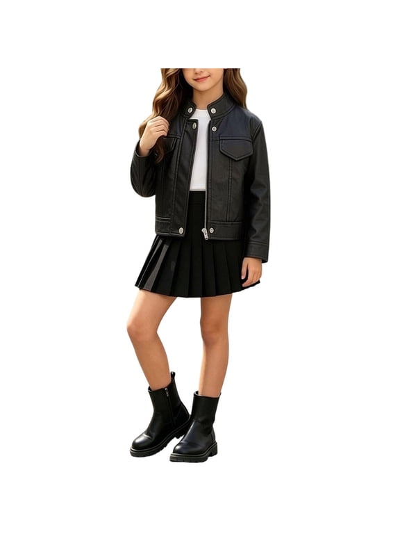 Toddler Kids Black Leather Jacket Button Zip-up Long Sleeve Stand Collar Top Casual Motorcycle Biker Outerwear(7-8 Years,Black)