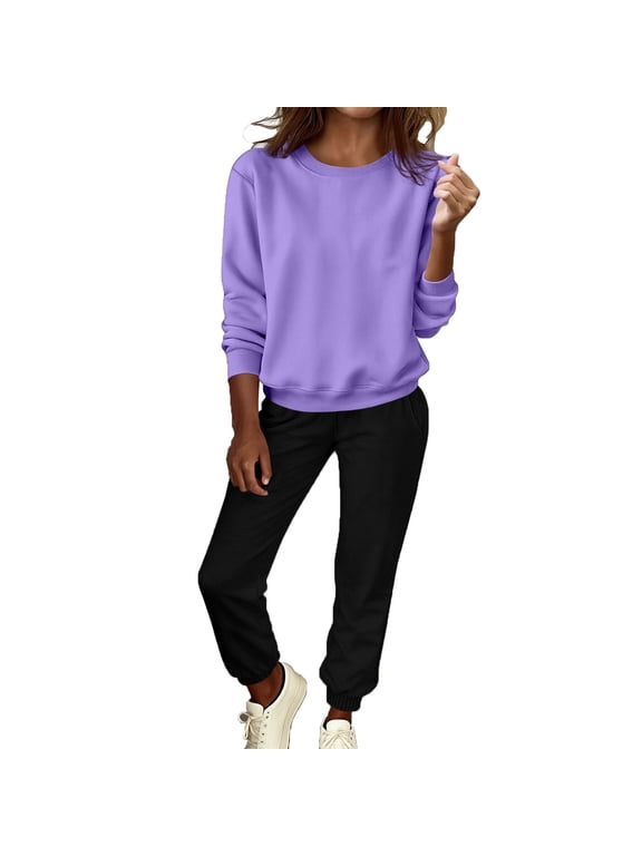 Women's Sweatsuits Fall Winter Gym Sets Long Sleeve Crew Neck Sweatshirts and Jogger Sweatpants Casual Track Outfits(XXL,Purple)