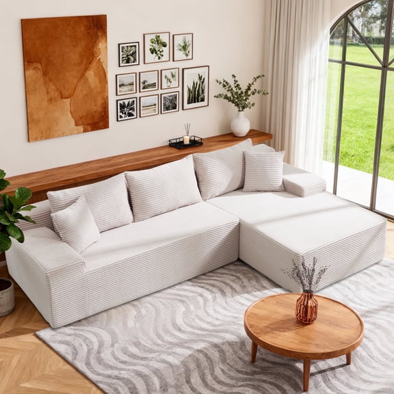 QJTC 105" Modular Sectional Sofa for Living Room Bedroom, Modern L-Shaped Boneless Couch with Deep Seat, Corduroy Cloud Couch with Memory Foam, No Assembly Required (Beige, Right Facing Chaise)