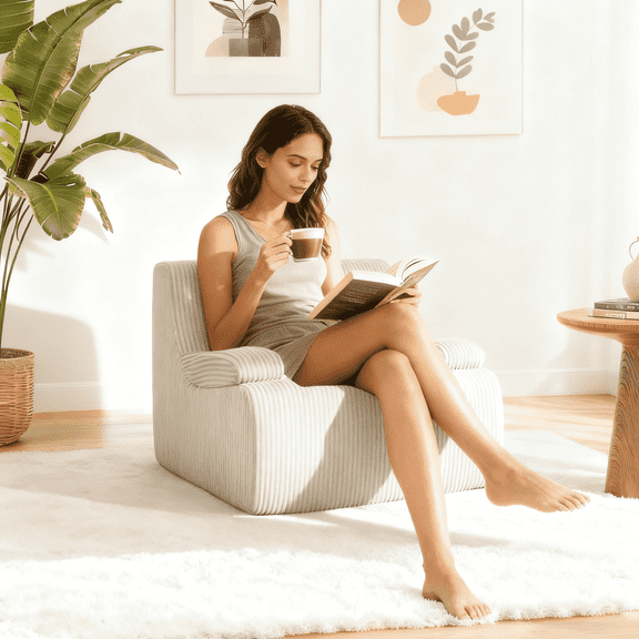 QJTC 38" Bean Bag Chair for Living Room Bedroom, Corduroy Boneless Chair with Armrest and Pillow, Memory Foam Beanbag Couch, Lazy Floor Sofa for Reading Gaming Living Room Bedroom (Beige)