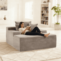 QJTC 67" Oversized Chaise Lounge Chair Indoor, Corduroy Upholstered Boneless Sofa Bed with Pillows, Deep Seat Sleeper Couch Reading Chair for Living Room Bedroom, No Assembly Require (Gray)
