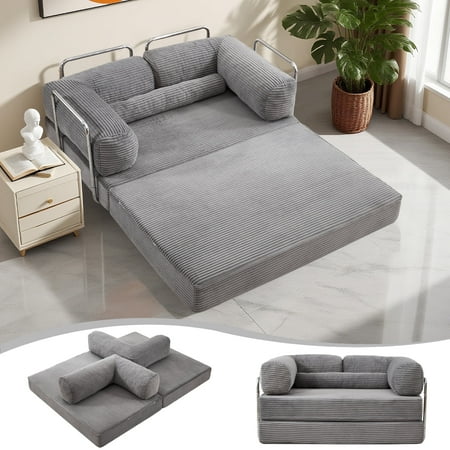 QJTC 79'' Convertible Folding Sofa Bed, Boneless Couch with Fixed-Shape Frame, Corduroy Loveseat Sleeper Sofa for Living Room Bedroom, Modular Sectional Compressed Floor Sofa Couch (Gray)