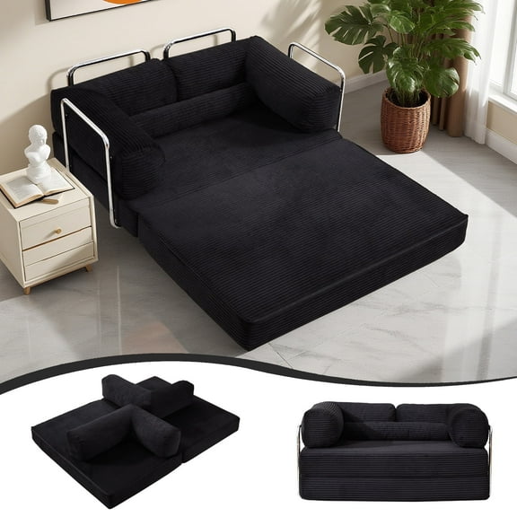 QJTC 79'' Convertible Folding Sofa Bed, Boneless Couch with Fixed-Shape Frame, Corduroy Loveseat Sleeper Sofa for Living Room Bedroom, Modular Sectional Compressed Floor Sofa Couch (Black)