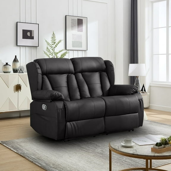 QJTC Double Seat Recliner RV Sofa Set with Side Pockets, Faux Leather Loveseat Recliner (Black)
