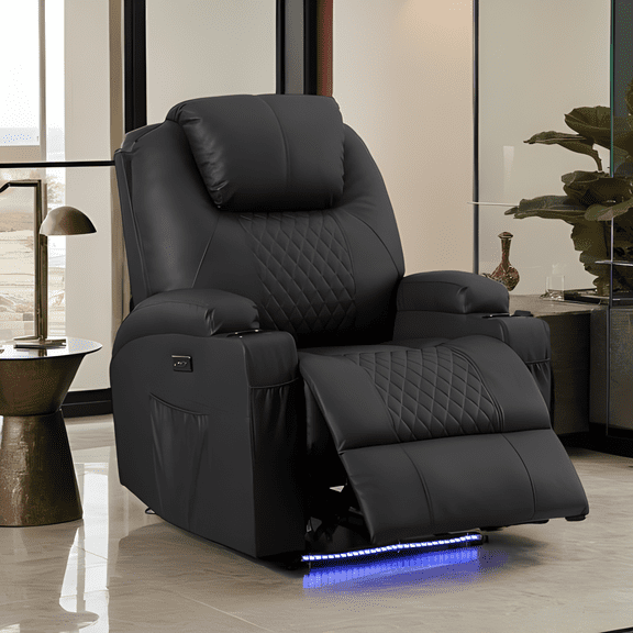 QJTC Power Massage Recliner Chair with LED Ambient Lighting, PU Leather Lazy Sofa, Electric Home Theater Seating, Massage & Heat Sofa with Cup Holders for Living Room, Black