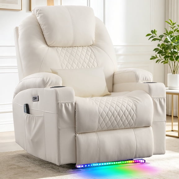 Power Recliner Chair with Massage and Heat, Electric Recliners with LED Lights, Lumbar Pillow, Cup Holders, Side Pocket, USB Port, Home Theater Seating for Living Room, Beige