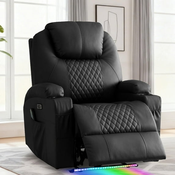 QJTC Power Massage Recliner Chair, PU Leather Lazy Recliner Chair, Home Theater Seating with Cup Holders/USB Ports for Living Room Recliners, Black