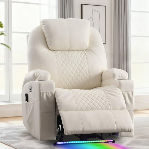 QJTC Power Recliner Chair with Heat and Massage for Living room - Home Theater Seating with LED Lights,Cup Holders,Side Pocket,USB Port, Beige