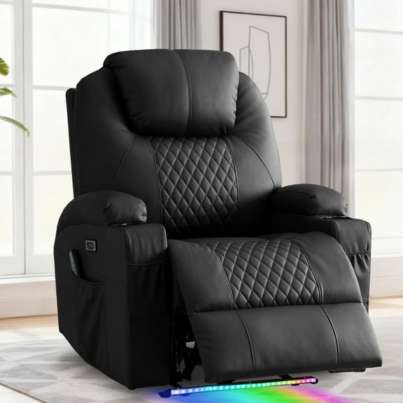 QJTC Power Recliner Chair with Heat and Massage for Living room - Home Theater Seating with LED Lights,Cup Holders,Side Pocket,USB Port, Black