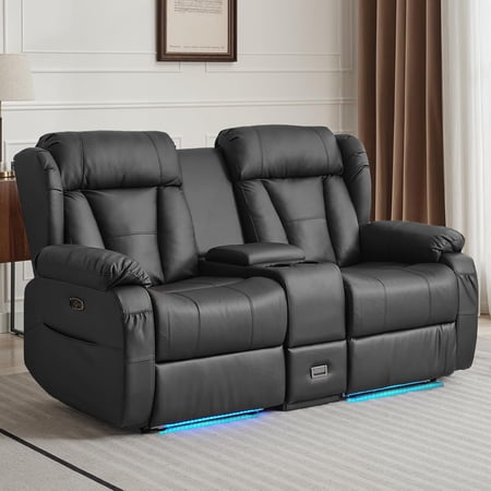 QJTC Power Reclining Loveseat Sofa, Loveseat Recliner Couch with Console, RV Recliners for Travel Trailers, Home Theater Seating with Cup Holders/LED/Drawer/USB/USB C (Black)