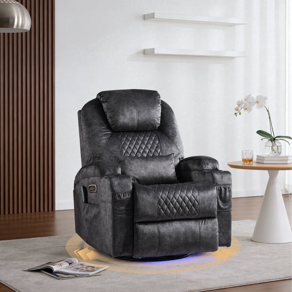 QJTC Power Rocker Recliner Chair with Heat and Massage, 240° Swivel Recliner Chair with Lumbar Pillow, Cup Holder, LED Lights, USB Ports, Gray