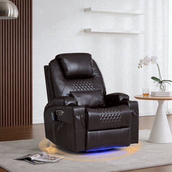 QJTC Power Swivel Rocker Recliner Chair for Living Room - Rocking Recliner with Heat and Massage/Cup Holder/LED Lights/USB & USB-C Ports (Set of 2, Black)