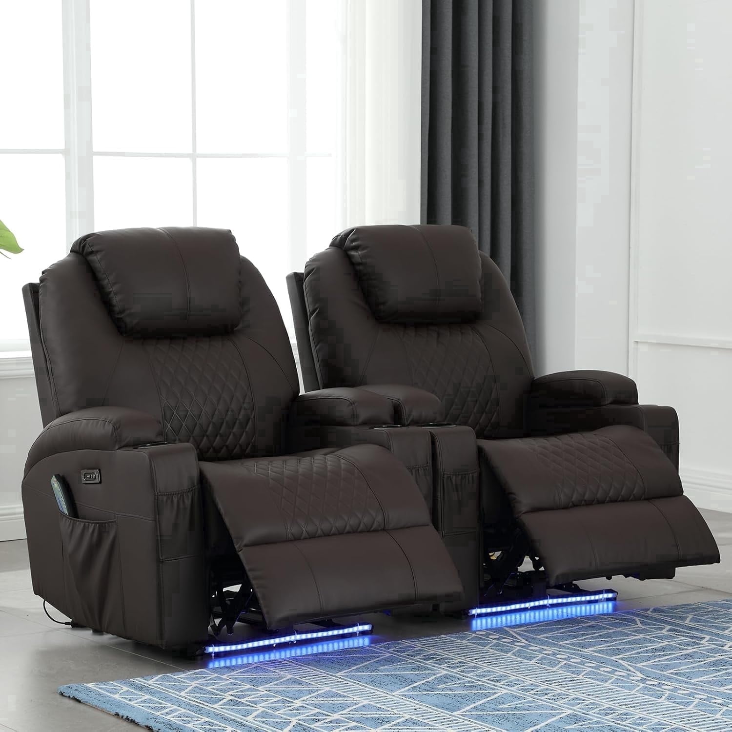 QJTC Power Rocker Recliner Chair with Heat and Massage, 240° Swivel Recliner Chair with Lumbar Pillow, Cup Holder, LED Lights, USB Ports (Set of 2, Brown)