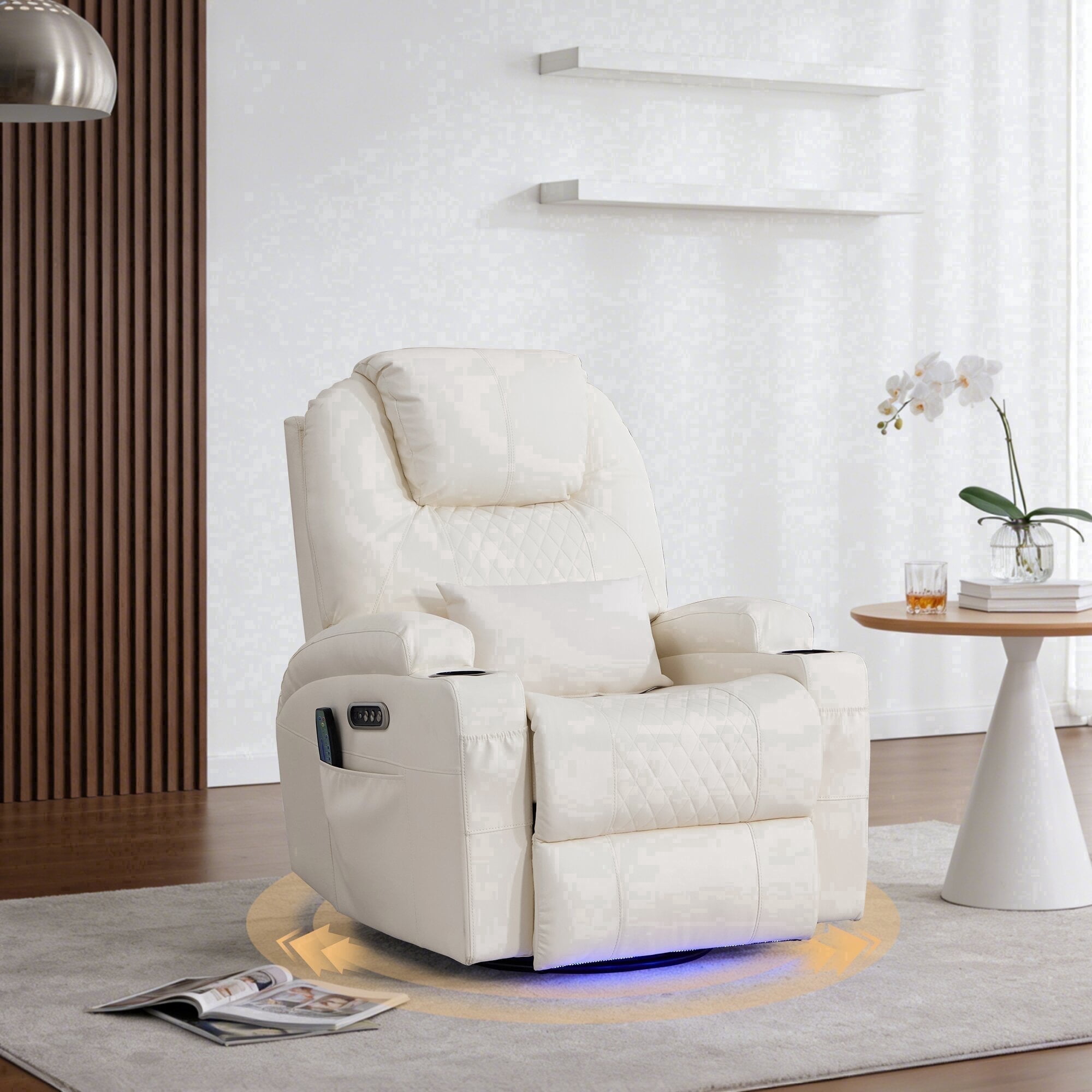 QJTC Power Swivel Rocker Recliner Chair for Living Room - Rocking Recliner with Heat and Massage/Cup Holder/LED Lights/USB & USB-C Ports,Beige