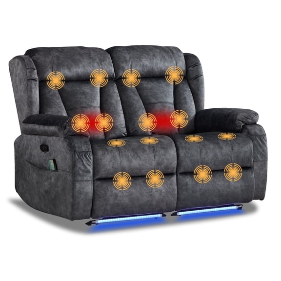 QJTC Power Zero Wall Hugger Loveseat Recliner with Massage & Heat, 2seat Recliners Sofa with LED lights, USB & Cup Holders for Home Theater RV, Gray, Loveseat