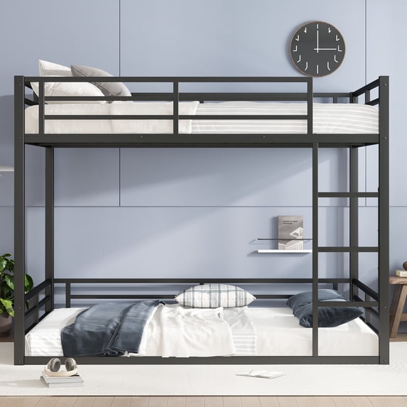QJTC Queen Over Queen Size Bunk Bed, Metal Low Profile Bunkbeds with Full-Length Guardrail and Ladder, Space Saving, No Boxing Spring Needed