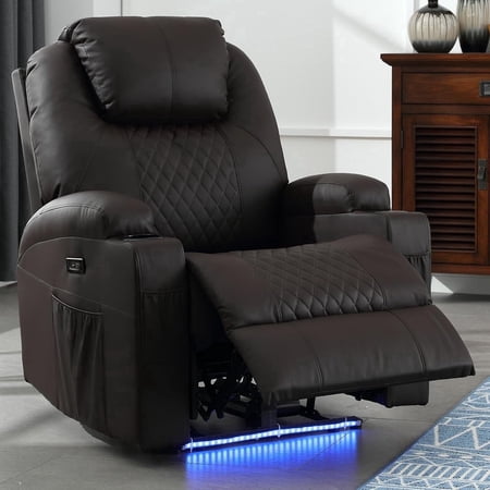 QJTC Power Rocker Recliner Chair with Heat and Massage, 240° Swivel Recliner Chair with Cup Holder/LED Lights/USB Ports, Brown
