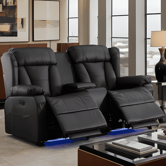 QJTCK Loveseat Recliner Sofa, Faux Leather Power Reclining Loveseat with Console, Double Recliner Loveseat sofa with Storage/USB Charging/Lighting/Cup Holders for Living Room, Black