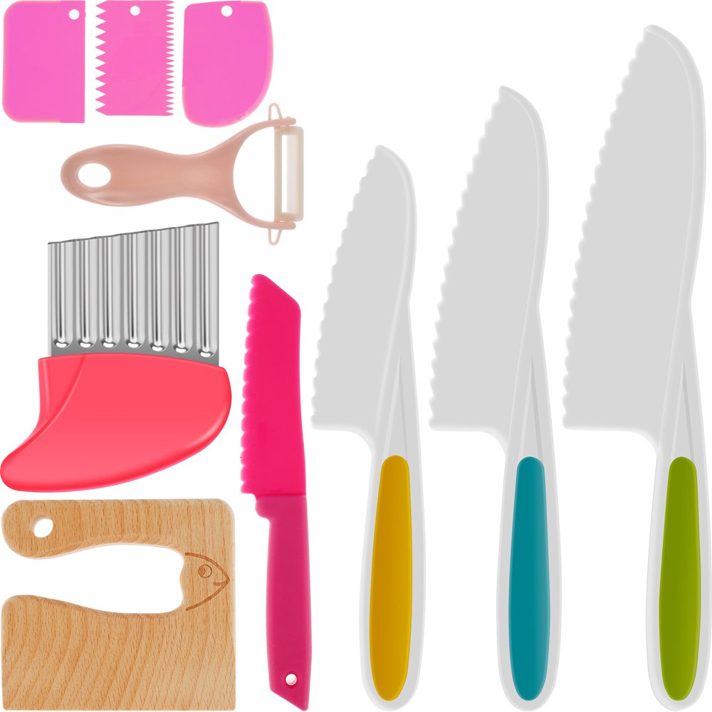 QJUHUNG 10Pcs Kitchen Safety Knives for Kids Wooden Kids Kitchen Knife