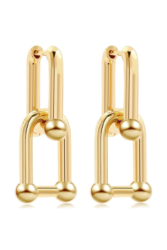 14k Gold Plated Ball U Shape Pin Style Chunky Earring Link Chain Chunky Circle Hoop Earrings Paperclip Link Chain Jewelry Drop Dangle Earrings set for Women Teen