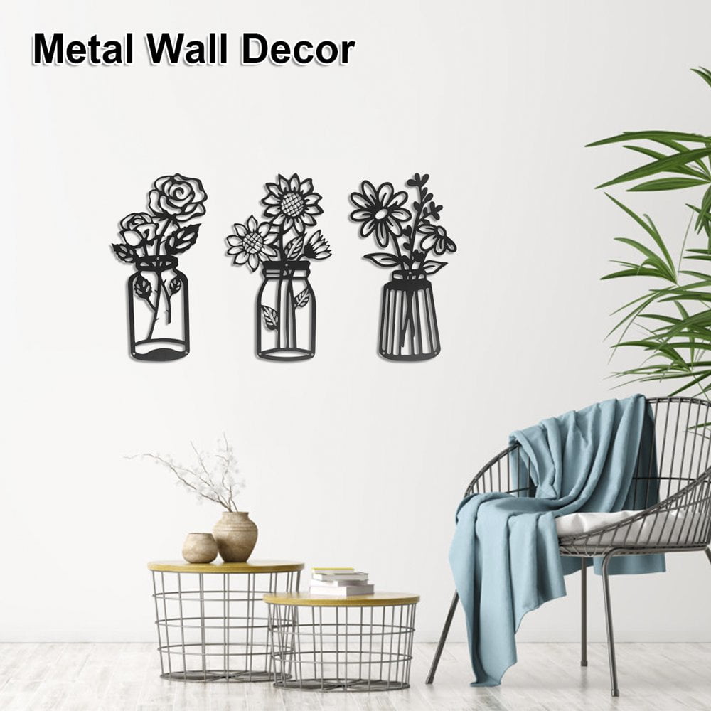 QJUHUNG 3 Pack Metal Vase Flowers Wall Art Realistic Flowers Vase Wall