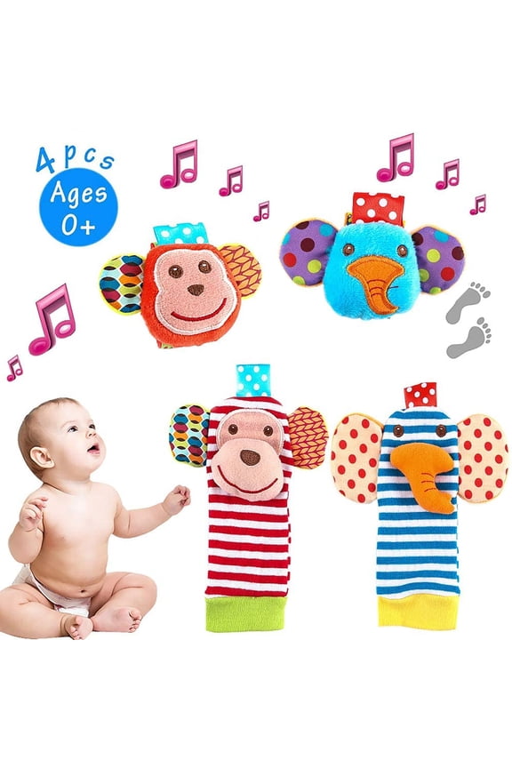 4 Pack Baby Socks Toys, Baby Feet and Fingers Socks Set, Design with Monkey and Elephant Organic Cotton Socks for Infant and Toddler,Wonderful Baby Gift