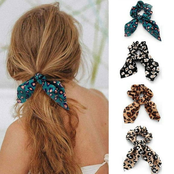 QJUHUNG Bow Hair Ties Green Hair Scrunchies Stretch Ponytail Holder Hair Bands Accessories for Women and Girls (Pack of 4) (Leopard)