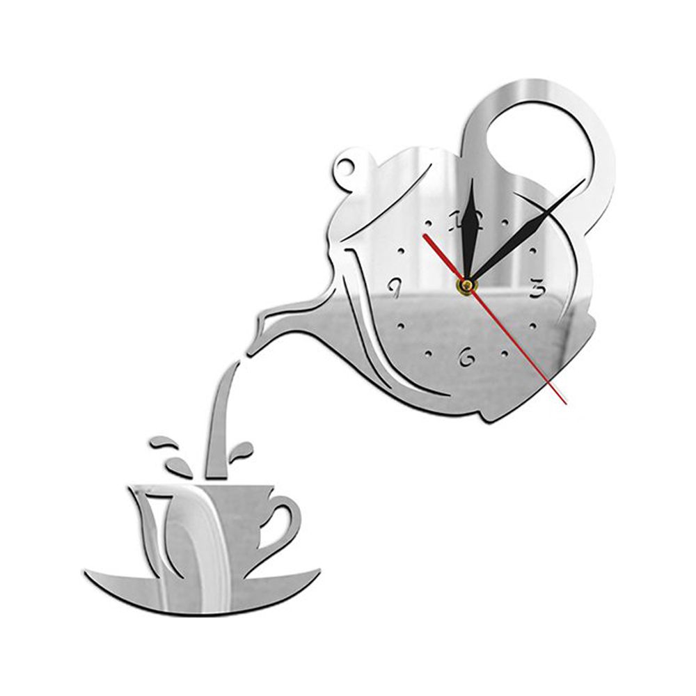 QJUHUNG DIY 3D Wall Clock Acrylic Coffee Cup Teapot Decorative Kitchen