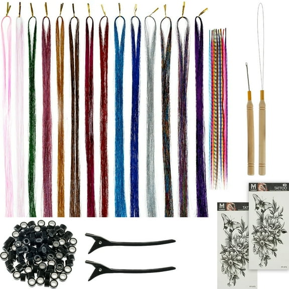 QJUHUNG Hair Tinsel Kit Tinsel 14 Colors Washable Tinsel Hair Extensions with Tools Fashion Fairy Hair Feather Tinsel Tool Set Sparkling Hair Glitter for Women Girls Hair Accessories