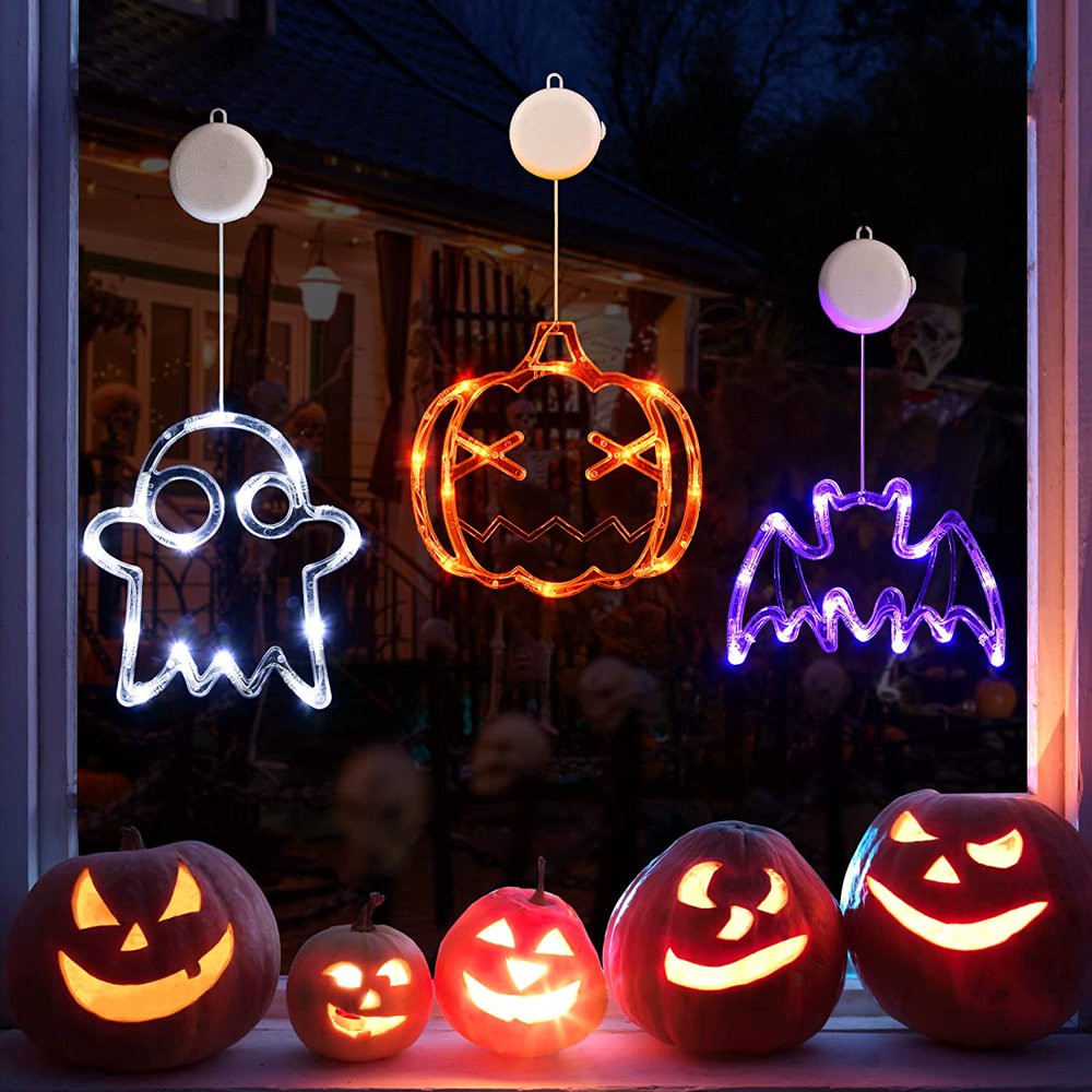 QJUHUNG Halloween Decorations 3 Pack Orange Pumpkin White Ghost Purple